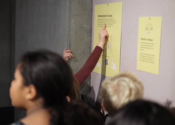 Students read posters in the exhibition
